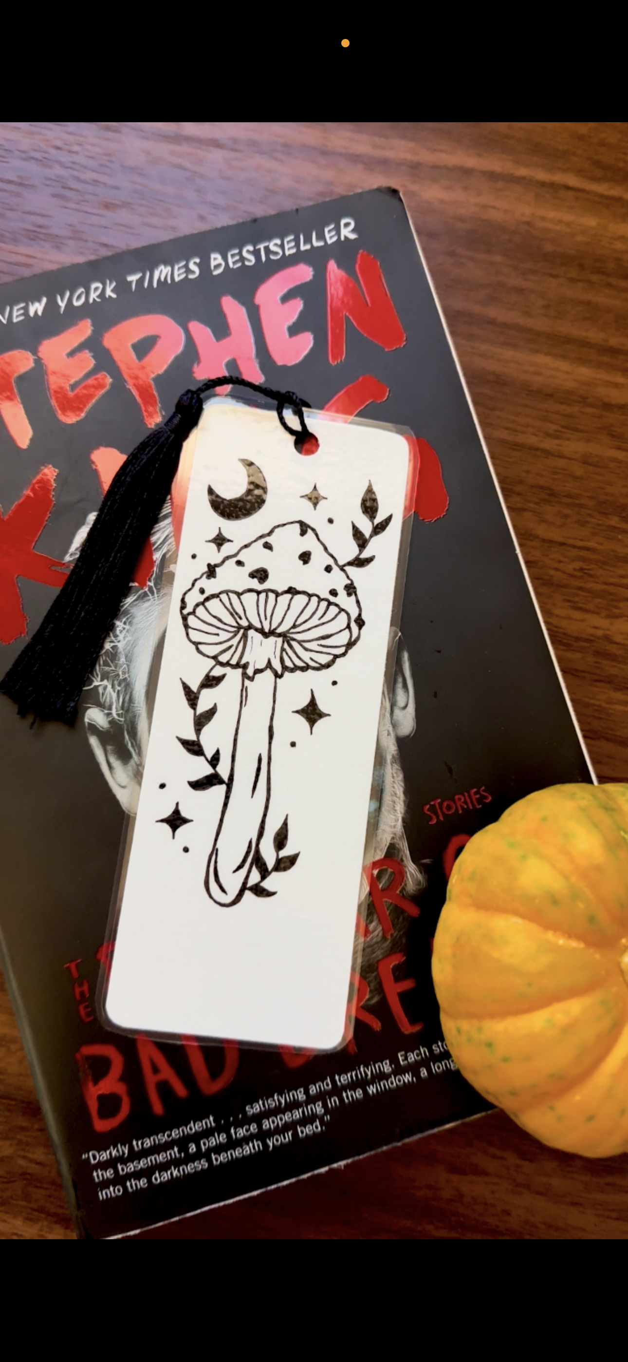 Mystic Fungi Bookmark – Pen & Ink Mushrooms with Crescent Moon