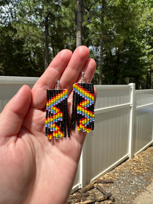 Rainbow Swirl Geometric Beaded Earrings – Handwoven, Lightweight, Colorful Fringe