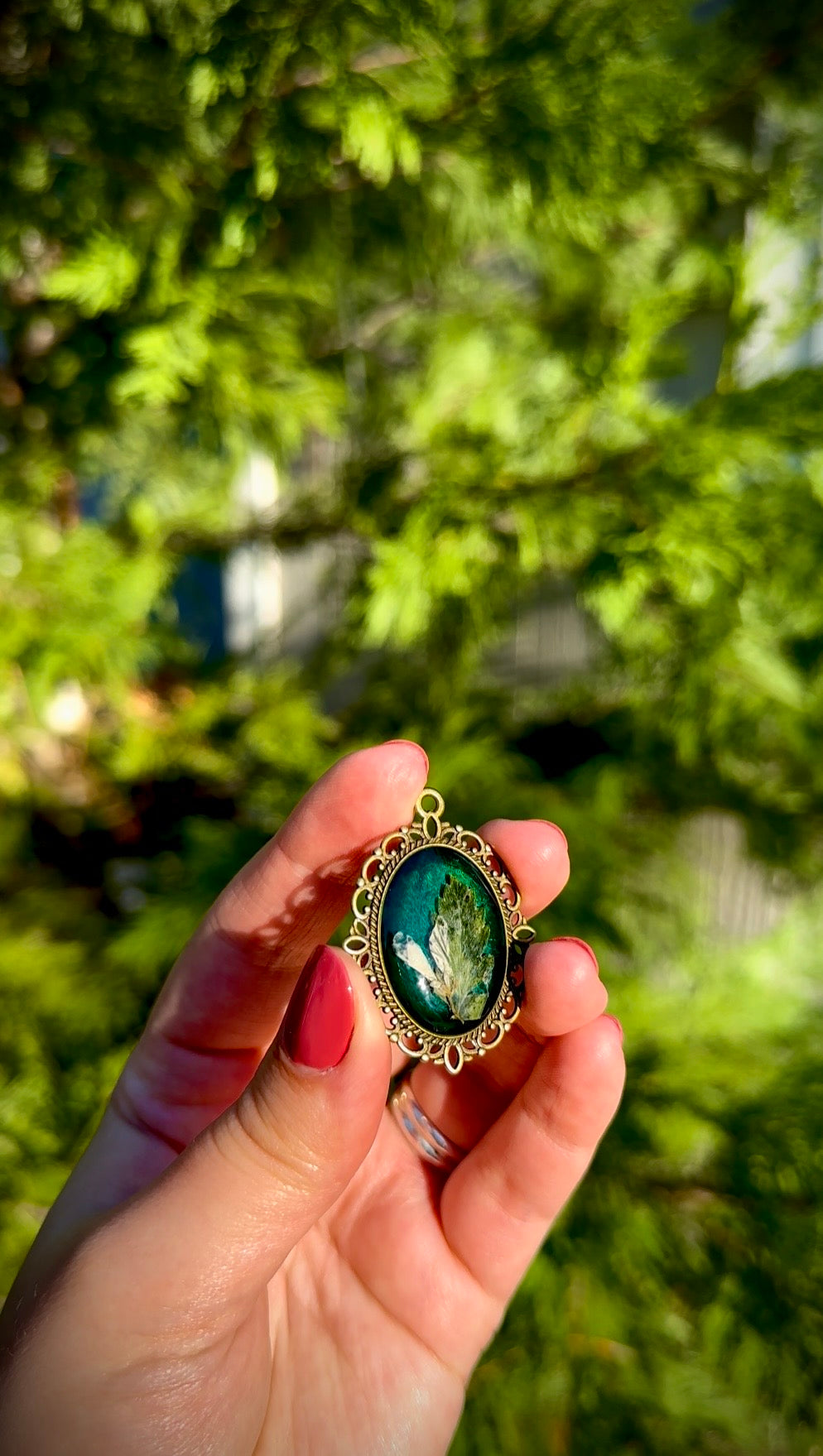 Ethereal Royal Green Fern Resin Pendant Necklace