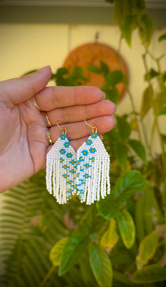 Blue Wildflower Fringe Beaded Earrings
