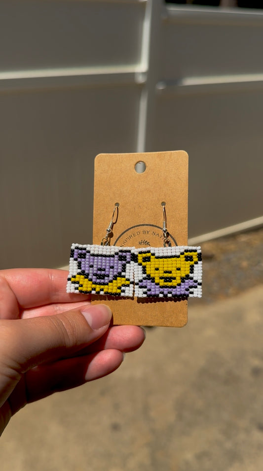 Dancing Bear Duo Earrings – Handwoven Box Stitch Beadwork, Silver Hooks