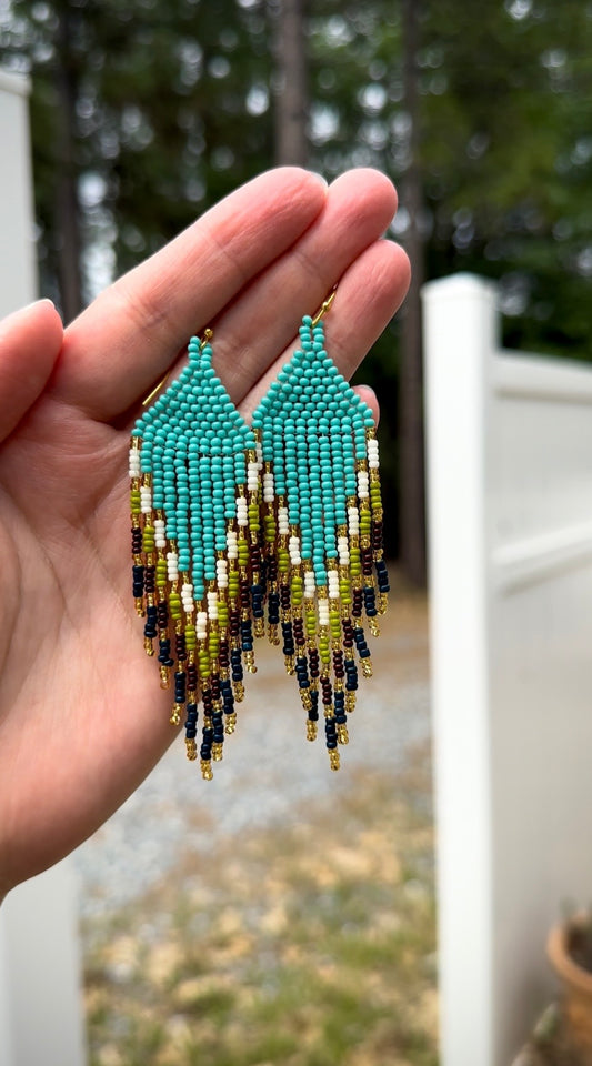 Teal Fringe Beaded Earrings – Brick Stitch Statement Earrings with Gold Hooks