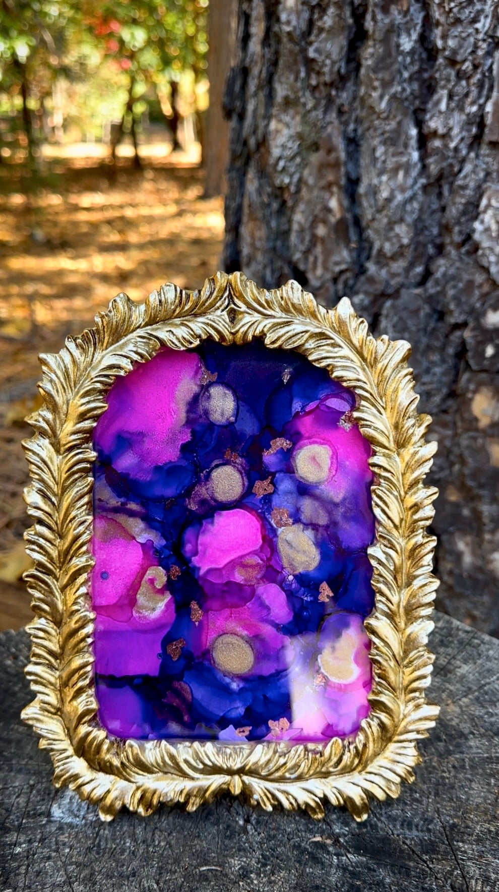 Deep Purple & Gold Alcohol Ink Art, 6.5x8.5" Framed Abstract Painting with Gold Leaf