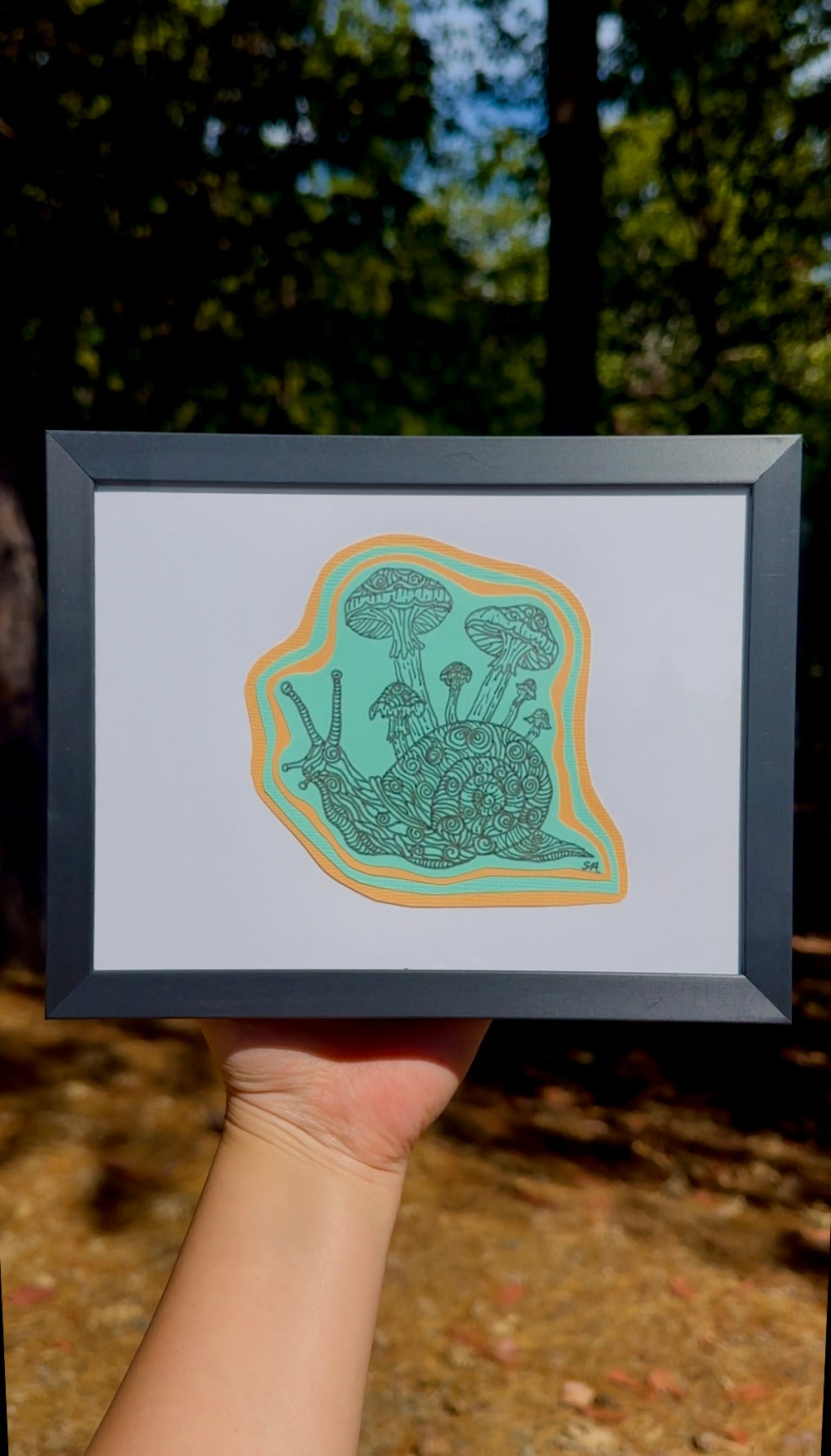 “Snails Mushroom Stroll” Whimsical Snail and Mushroom Art, pen and colored paper 4x6