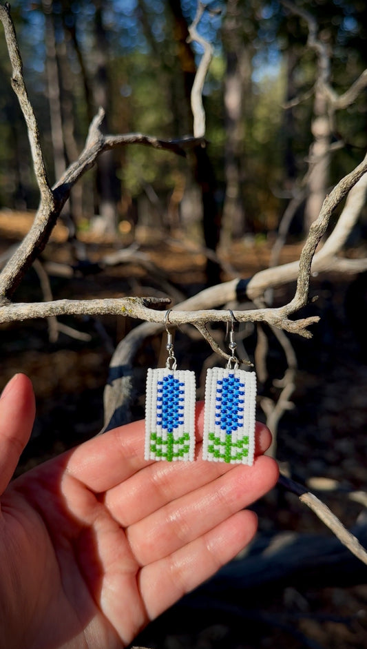 Blue Flower Beaded Earrings, Brick Stitch Floral Dangle Earrings