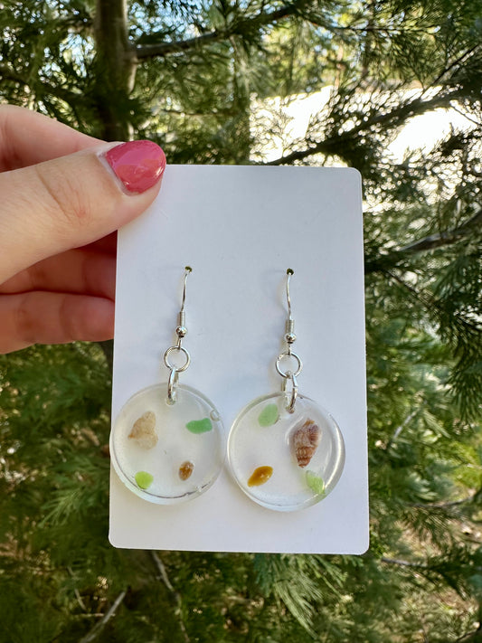 Brown sea snail, green and brown sea glass, round resin earrings