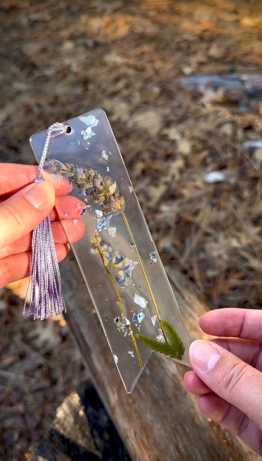 Lavender & Lupine Resin Bookmark with Fern Fronds, Purple Tassel