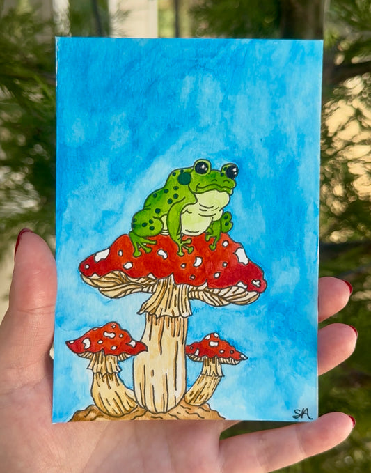 Whimsical Frog on Mushroom Watercolor – Original 4x6 Nature Art on Cold-Press Paper