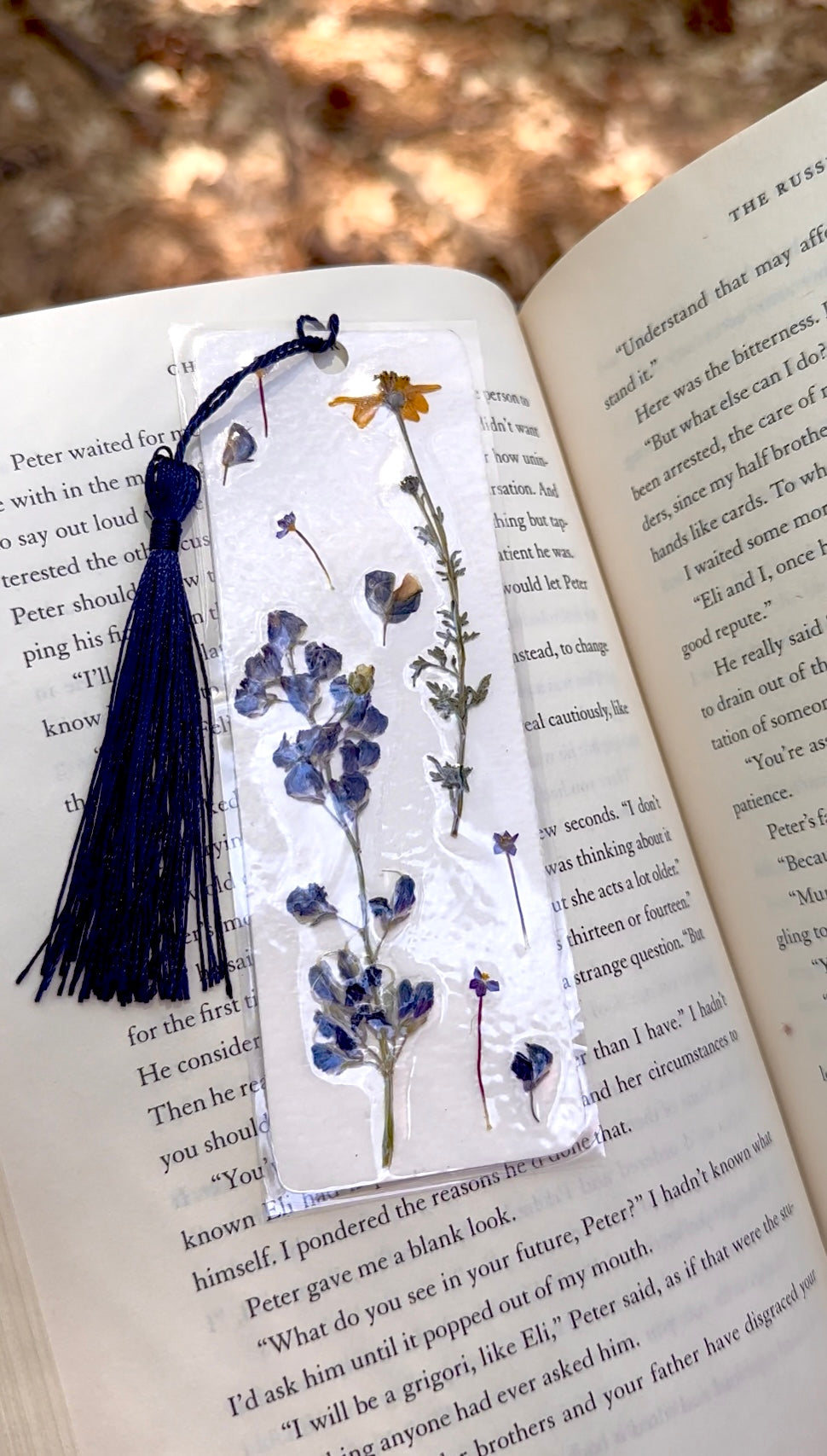 Pressed Flower Bookmark – Lupine, Yellow & Tiny Wildflowers, Blue Tassel