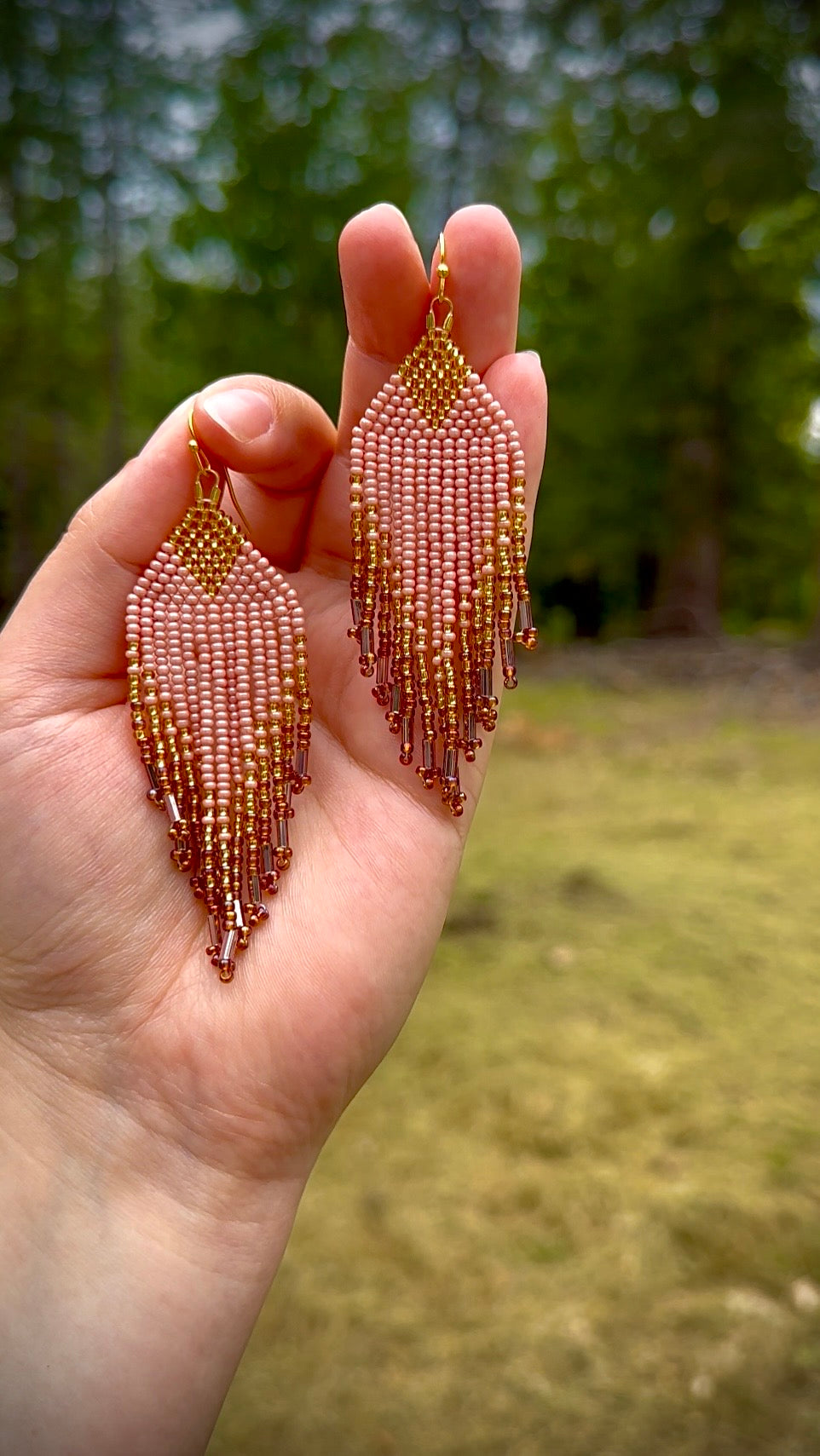 Blush & Gold Fringe Seed Bead Earrings with Antique Purple Glass Accents