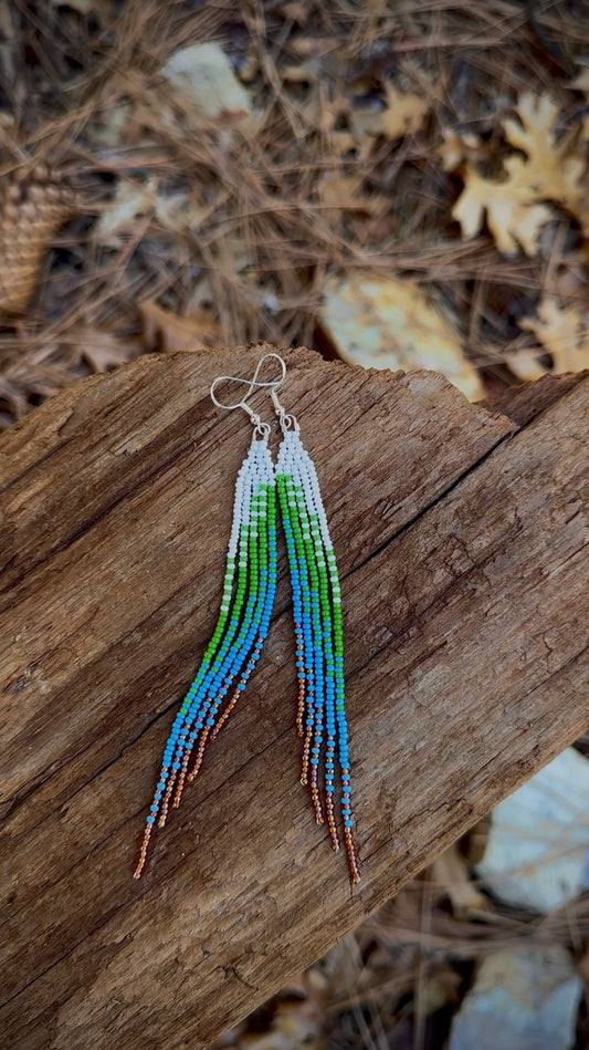 Long Beaded Fringe Earrings in Blue, Green & Blush – Handmade Lightweight Dangles