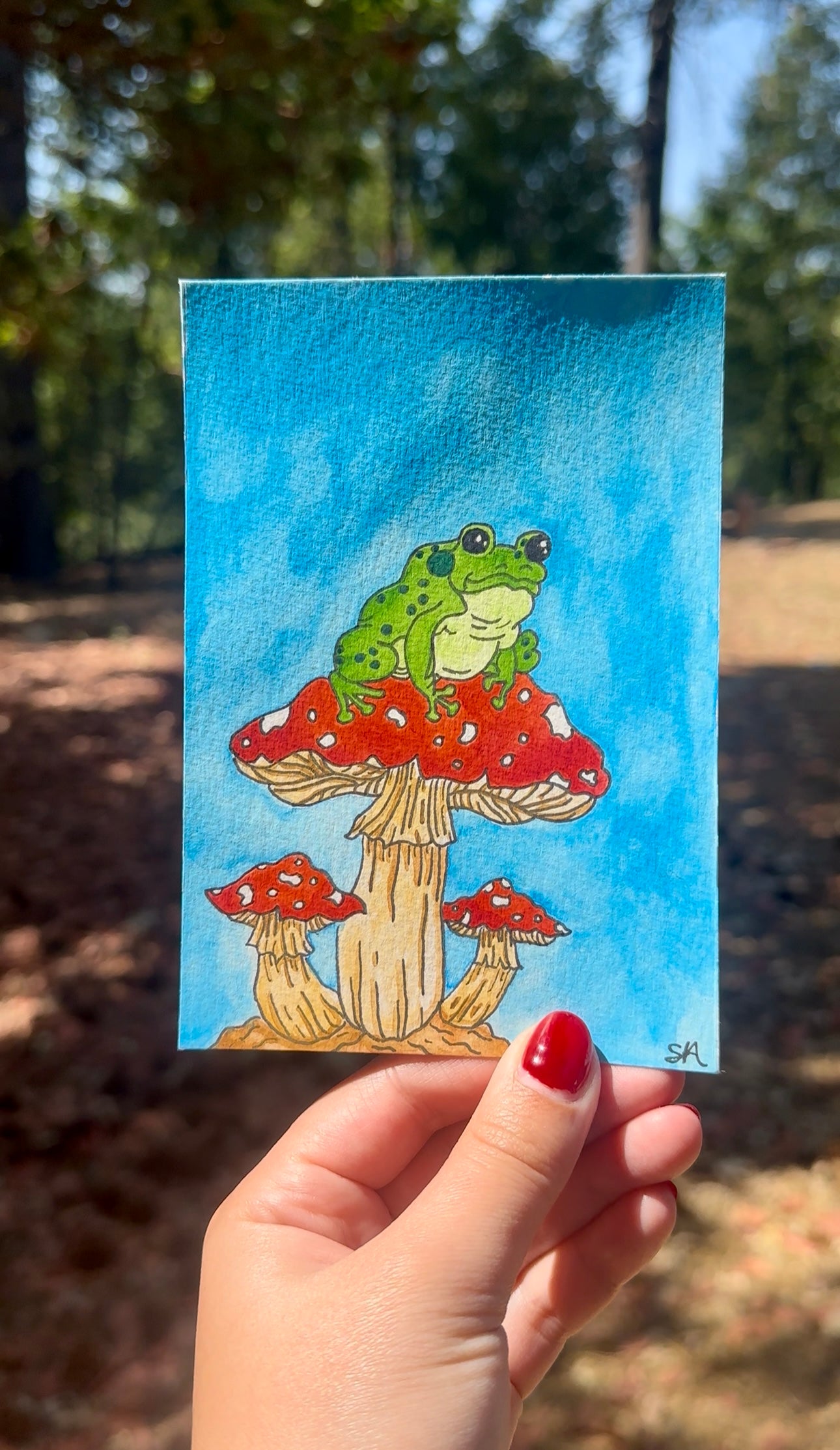 Whimsical Frog on Mushroom Watercolor – Original 4x6 Nature Art on Cold-Press Paper