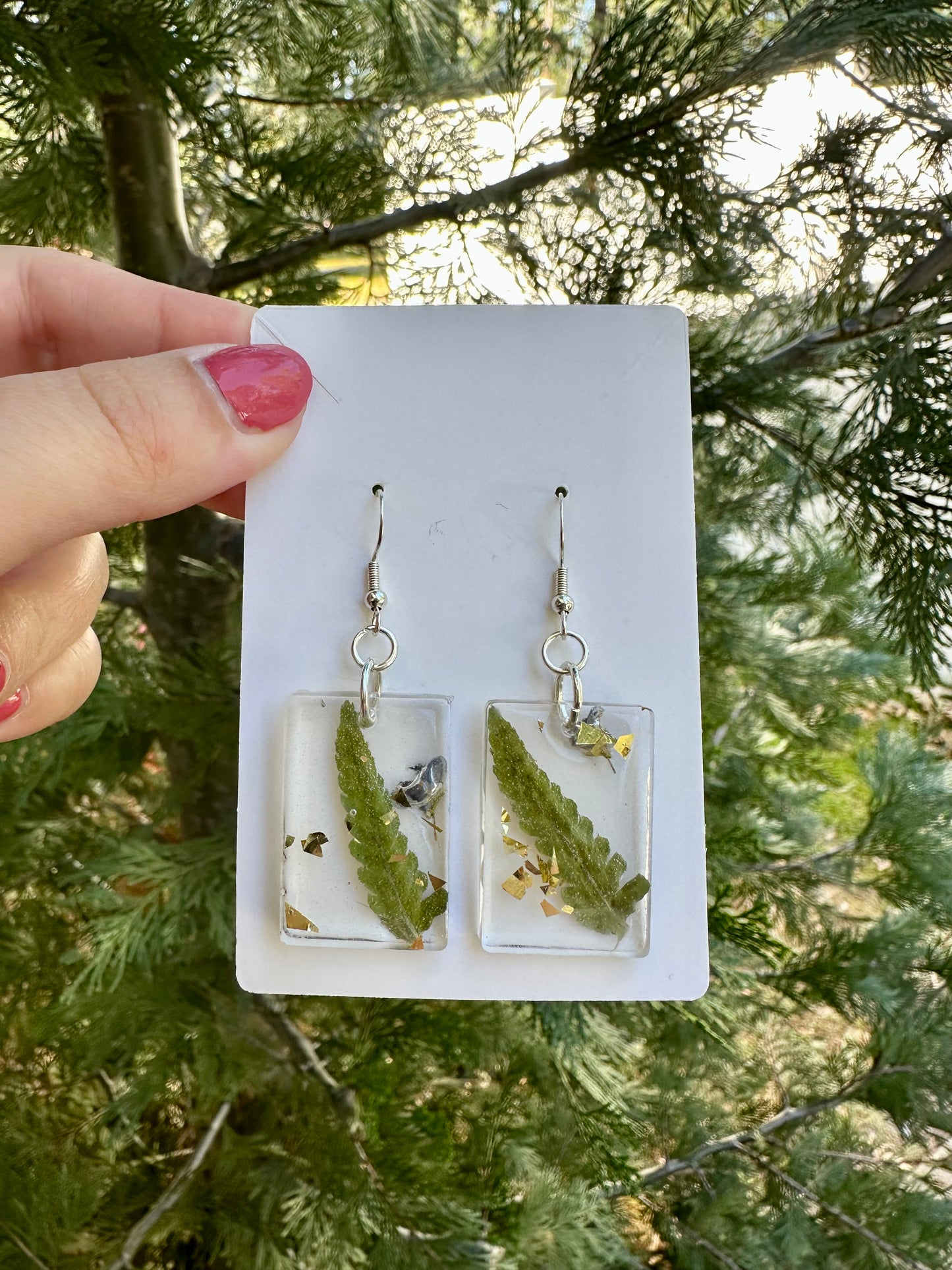 Fern frond, lupine, gold leaf flake, resin earrings