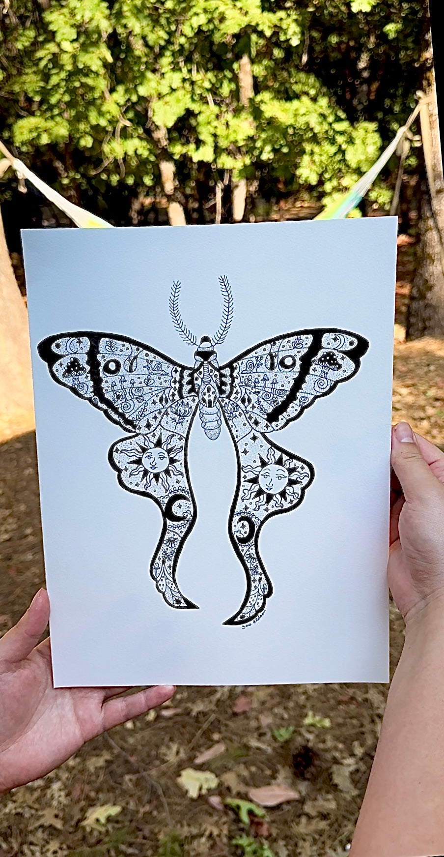 Whimsical Lunar Moth Drawing – Original Pen Artwork on Mixed Media Paper, 9x12
