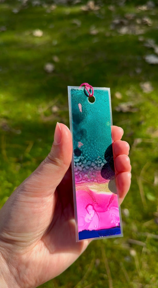 Alcohol Ink Bookmark, Green, Pink, Gold Shimmer, Abstract