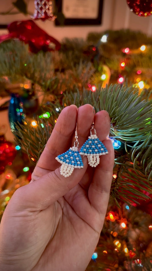 Blue Beaded Mushroom Earrings, Handmade Seed Bead Dangle Jewelry