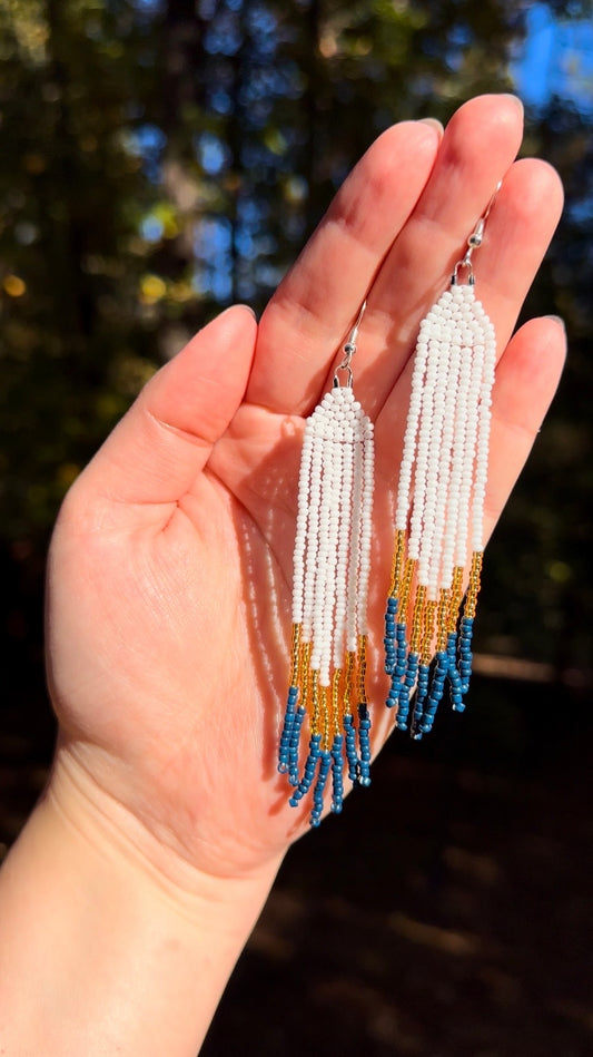 White, Gold & Navy Beaded Earrings – Long Lightweight Handmade Fringe Jewelry
