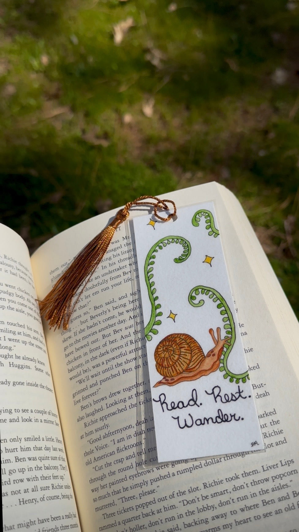 Snail & Fern Watercolor Bookmark – “Read Rest Wander” with Brown Tassel