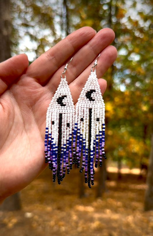 Moonlit Fringe Beaded Earrings – White & Black with Celestial Moons