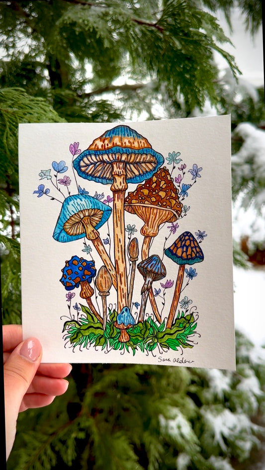 Vibrant Mushroom Bouquet Watercolor Painting – 4x6 Original Art