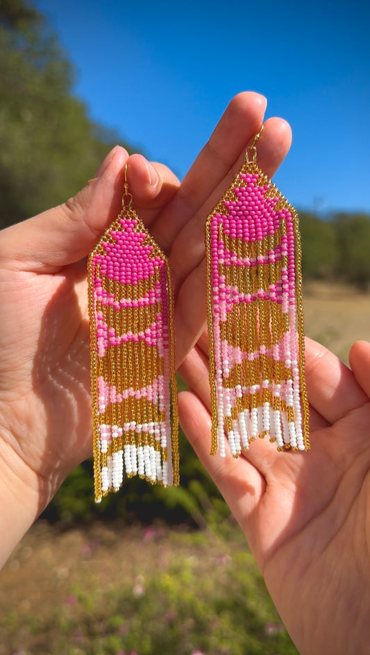 Pink Moon Cycles Beaded Fringe Statement Earrings