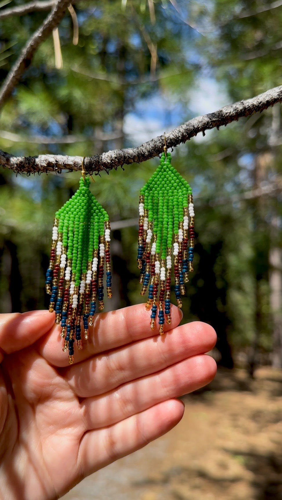 Earthy Green Fringe Beaded Earrings – Handmade Statement Earrings (3.5”)