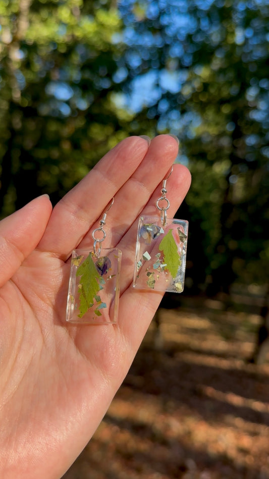 Forest Charm Resin Earrings – Fern & Lupine with Gold Leaf