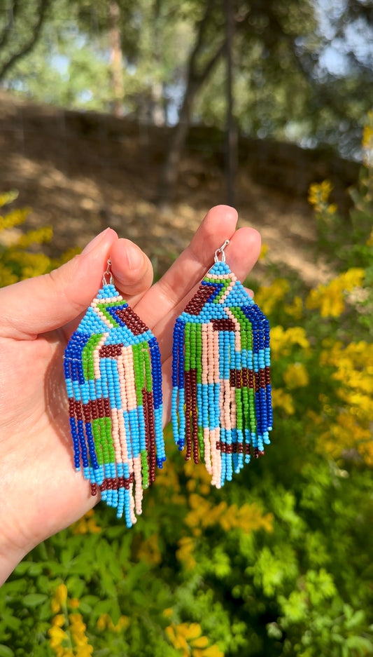 Blue Abstract Seed Bead Fringe Statement Earrings – Bold Handwoven Design