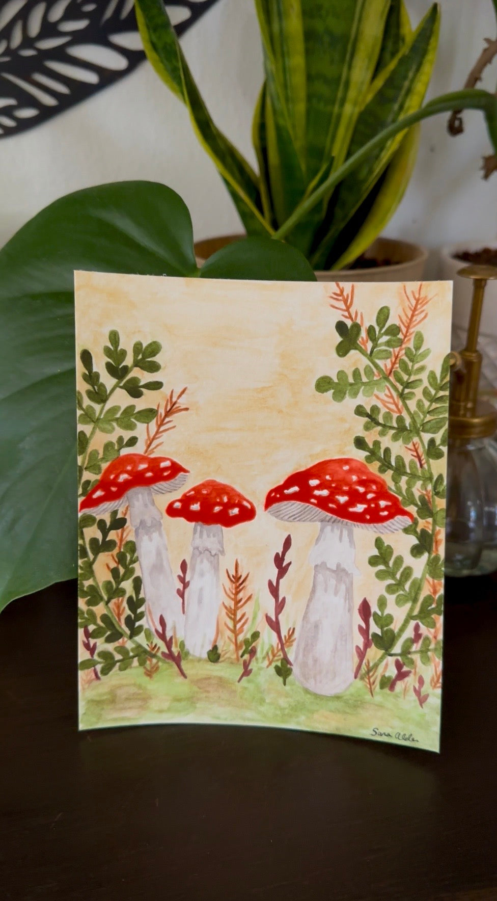 Original Watercolor Painting – Red Spotted Mushrooms in Fern Forest (5.5 x 8.5 in)