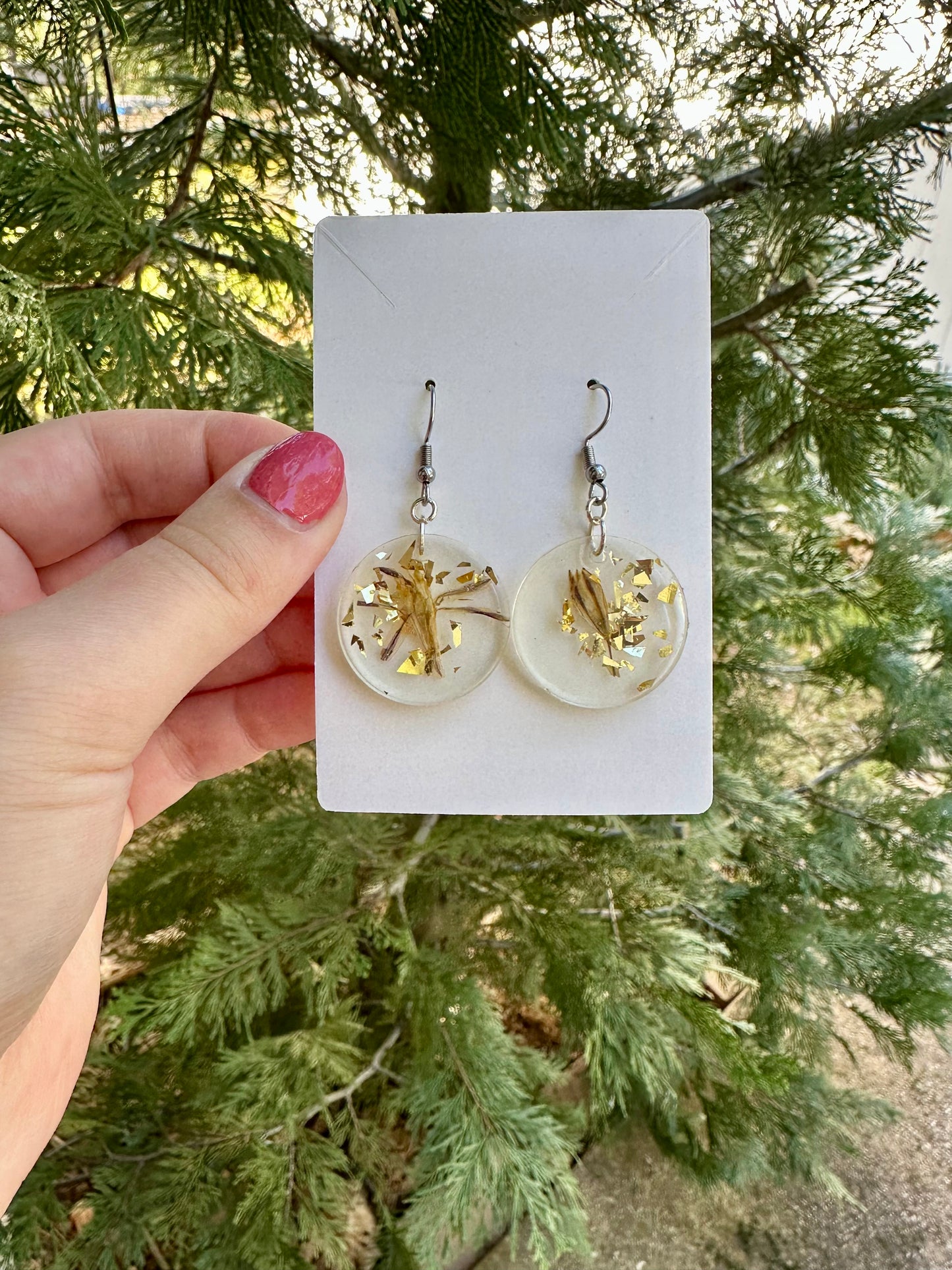 Yellow star flowers, gold flakes, resin earrings