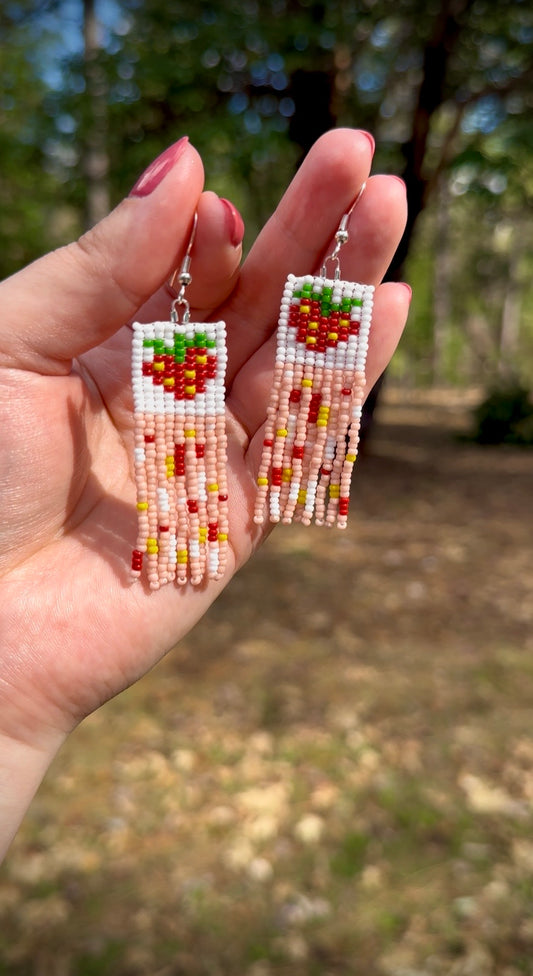 Strawberry Beaded Fringe Earrings, Box Stitch Top, Hypoallergenic Silver Hooks, Handmade Mirror Design