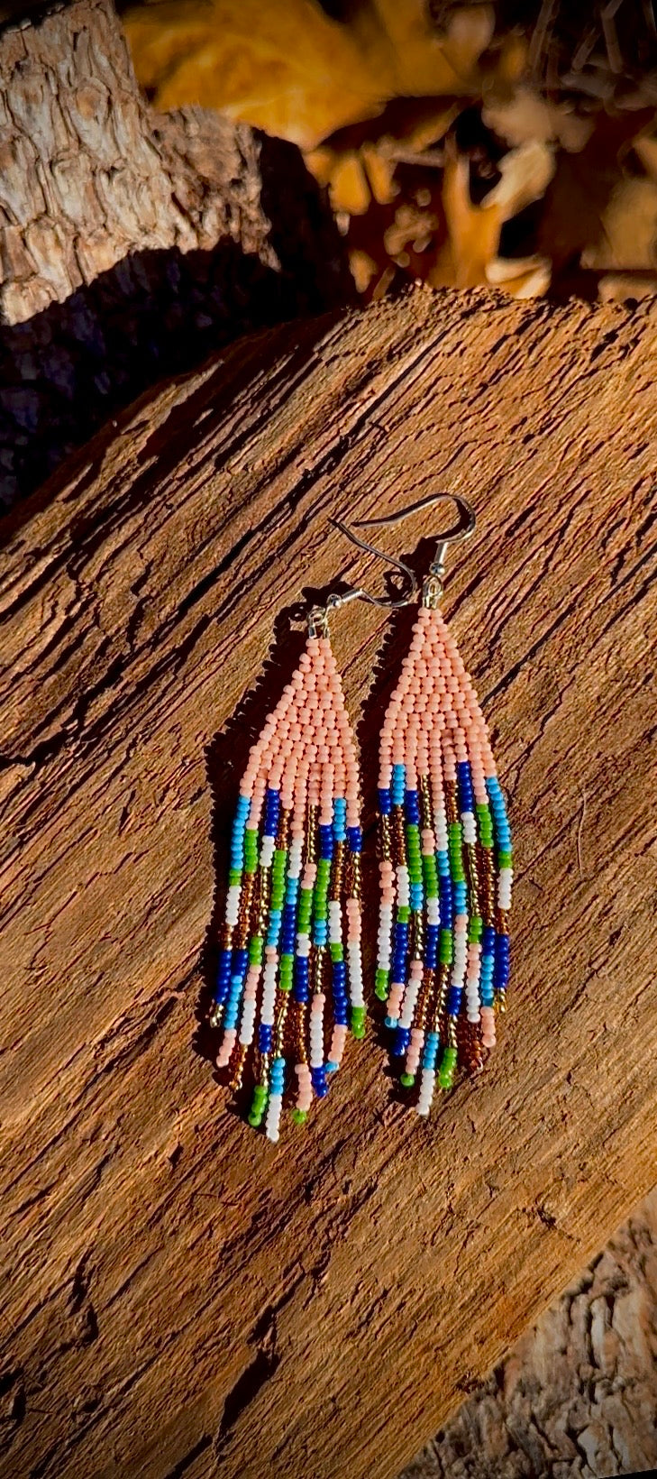 Handwoven Beaded Fringe Earrings – Abstract Pink & Earthy Tones, 4-Inch Dangle