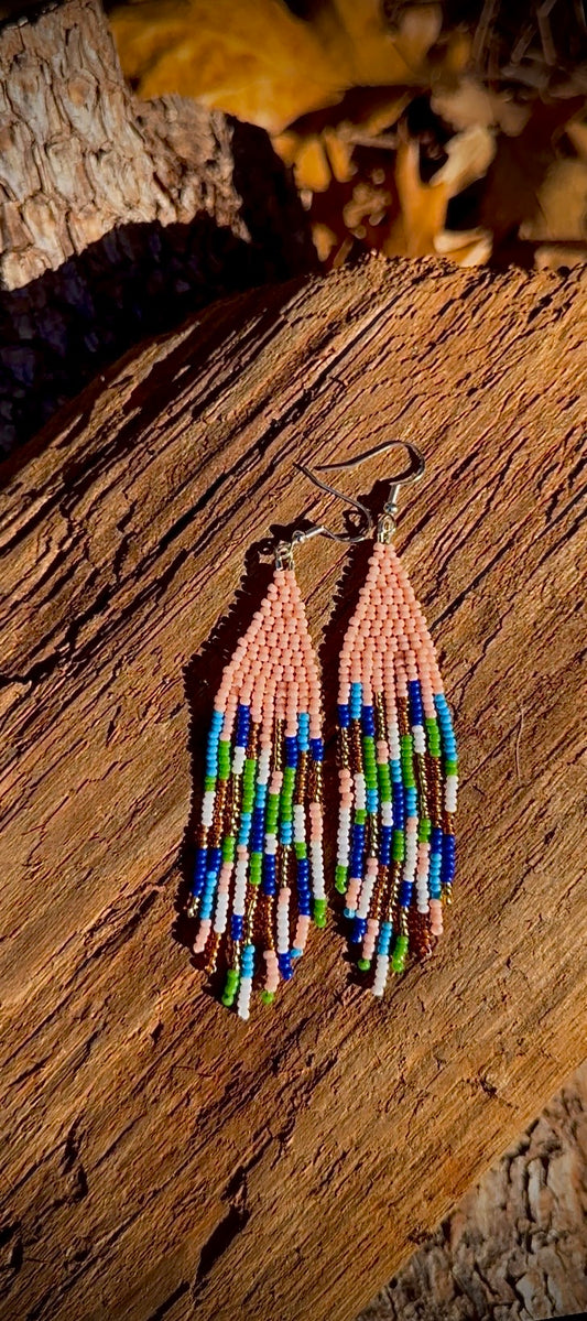 Handwoven Beaded Fringe Earrings – Abstract Pink & Earthy Tones, 4-Inch Dangle