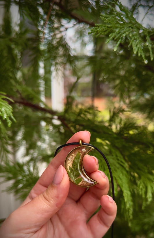 Moon Resin Pendant with Fern & Alyssum Flowers