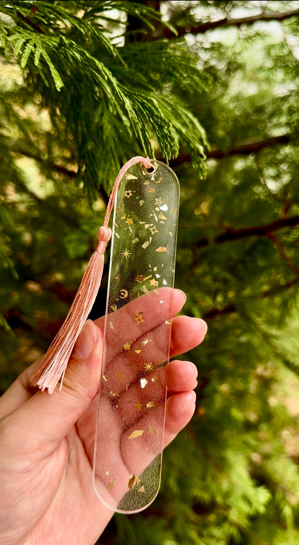 Celestial Pink Bookmark – Resin Bookmark with Moons, Stars & Pink Tassel