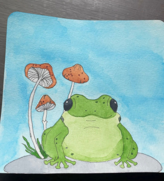 Frog and Mushroom Watercolor Painting