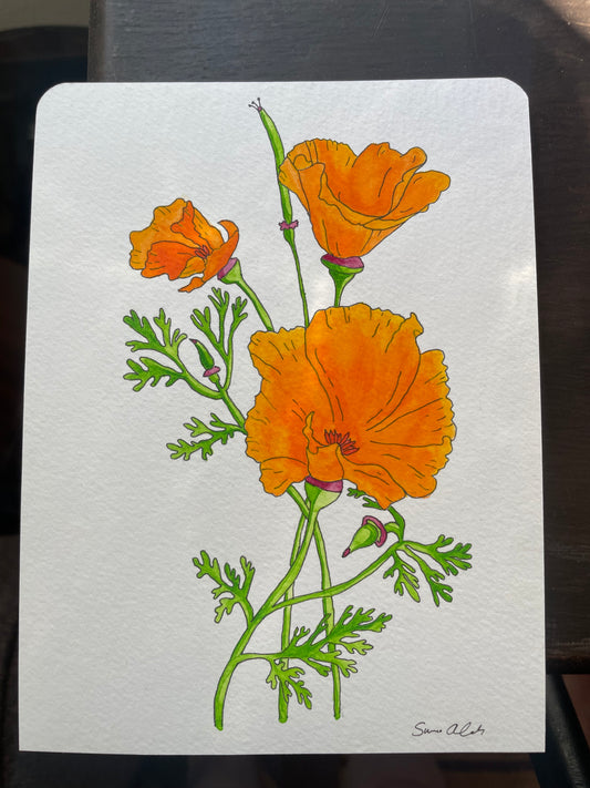 Golden Blooms – California Poppy Watercolor (4x6 Original)
