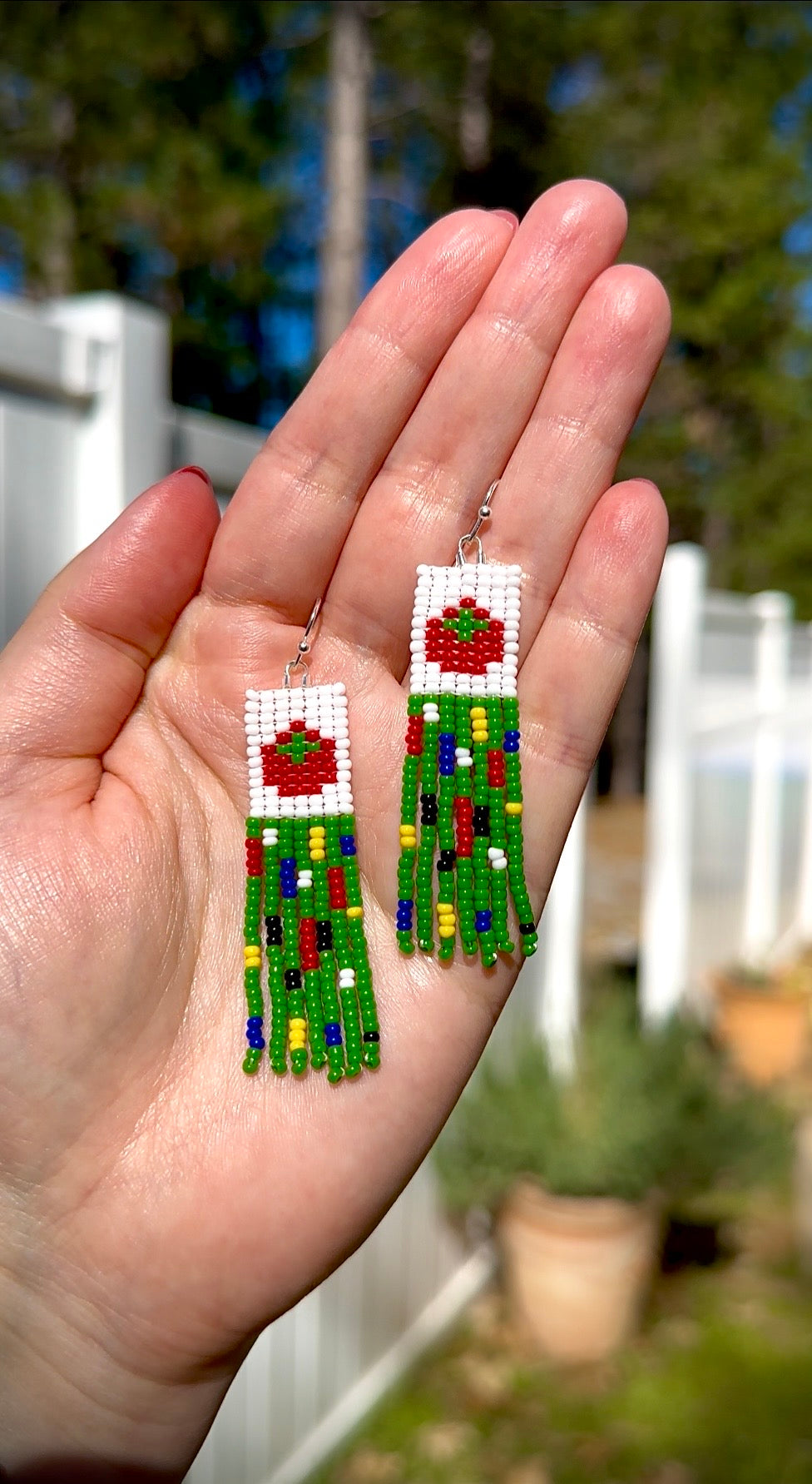Handwoven Tomato Beaded Fringe Earrings – Colorful Garden Inspired Jewelry