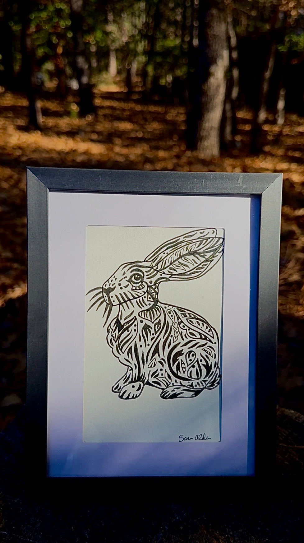 Framed Original Ink Art – Abstract Rabbit Illustration (4x6 in.)