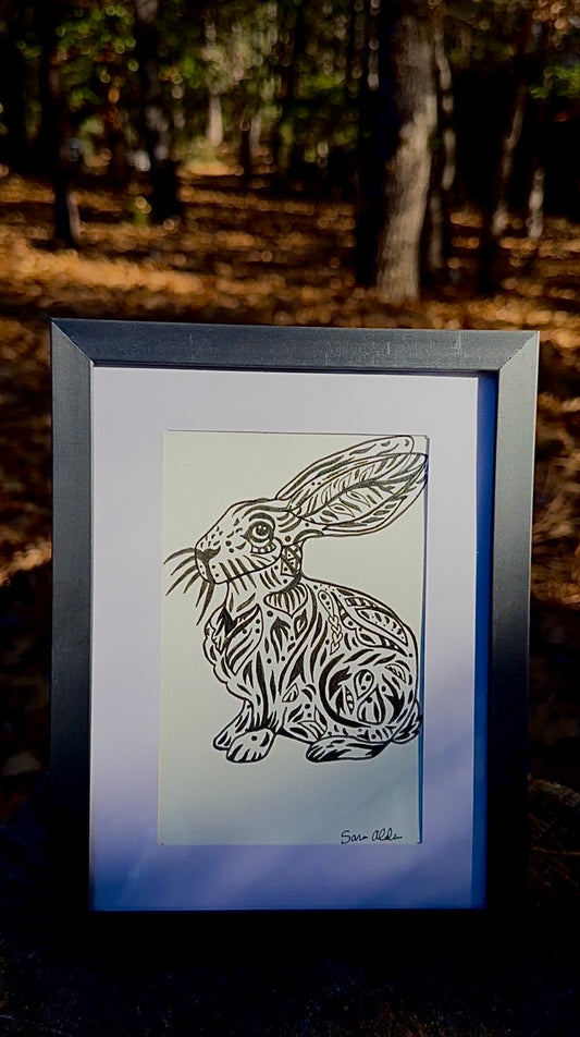 Framed Original Ink Art – Abstract Rabbit Illustration (4x6 in.)