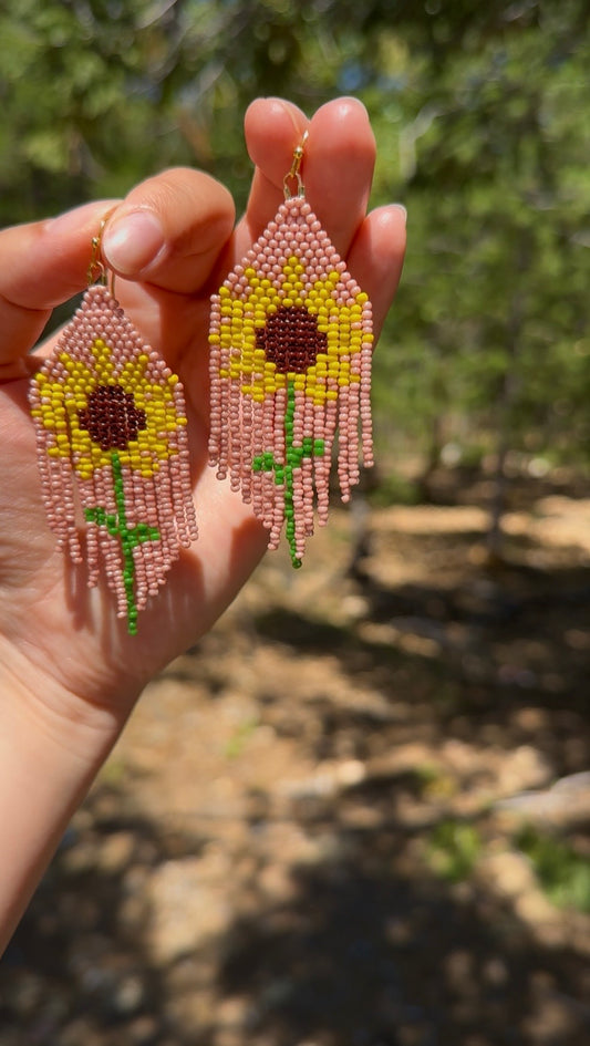 Blush Sunflower Beaded Fringe Earrings