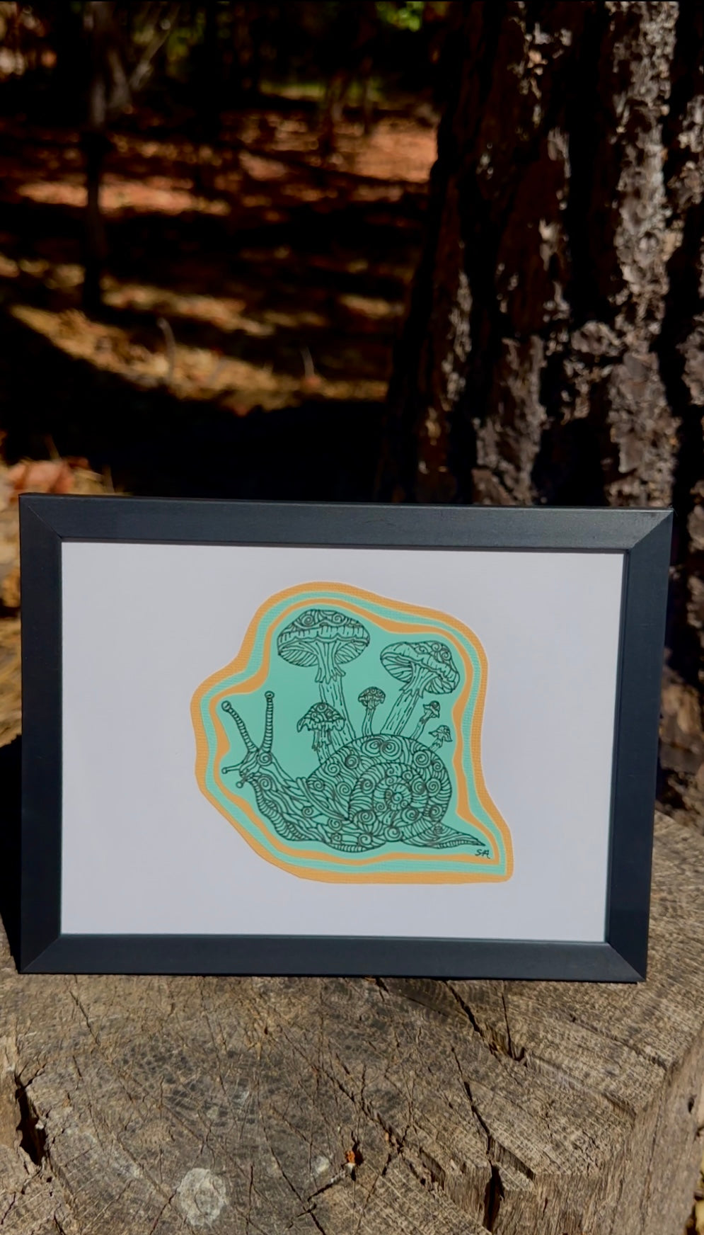 “Snails Mushroom Stroll” Whimsical Snail and Mushroom Art, pen and colored paper 4x6