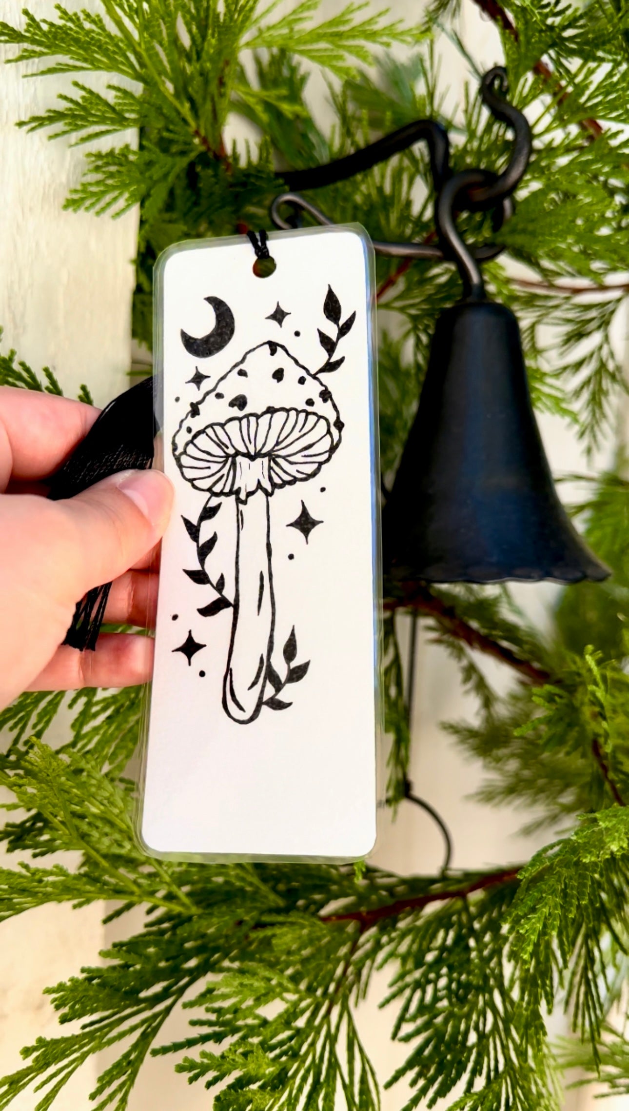 Mystic Fungi Bookmark – Pen & Ink Mushrooms with Crescent Moon