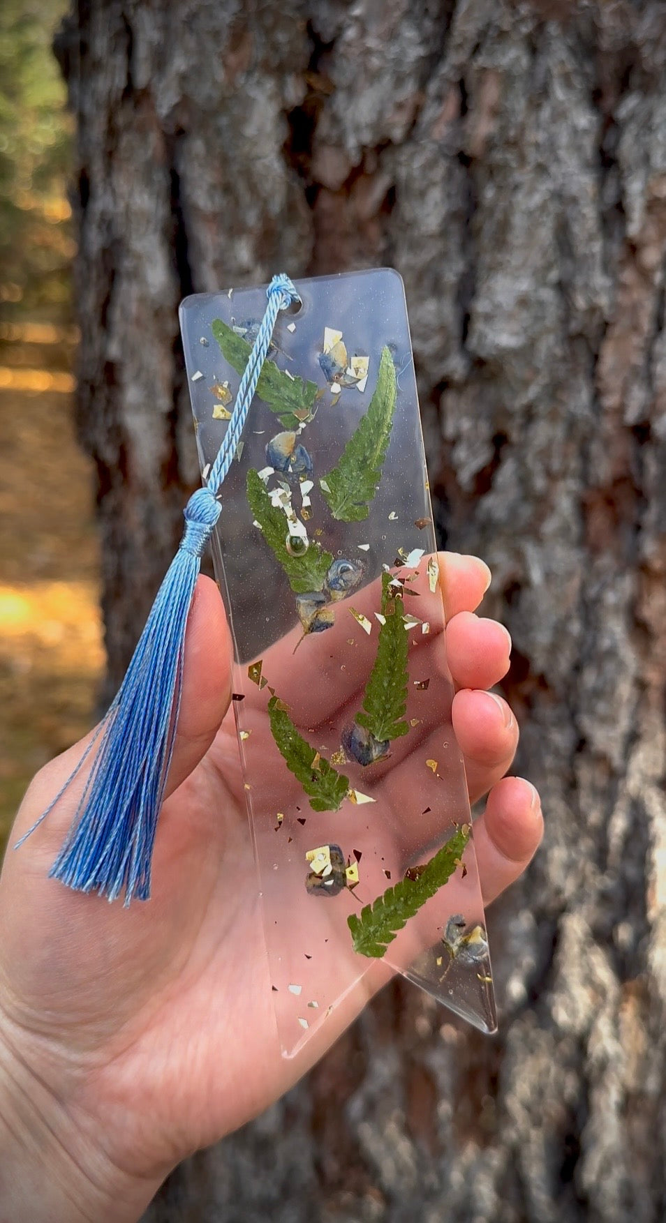 Large Fern & Lupine Resin Bookmark with Gold Leaf and Blue Cotton Tassel