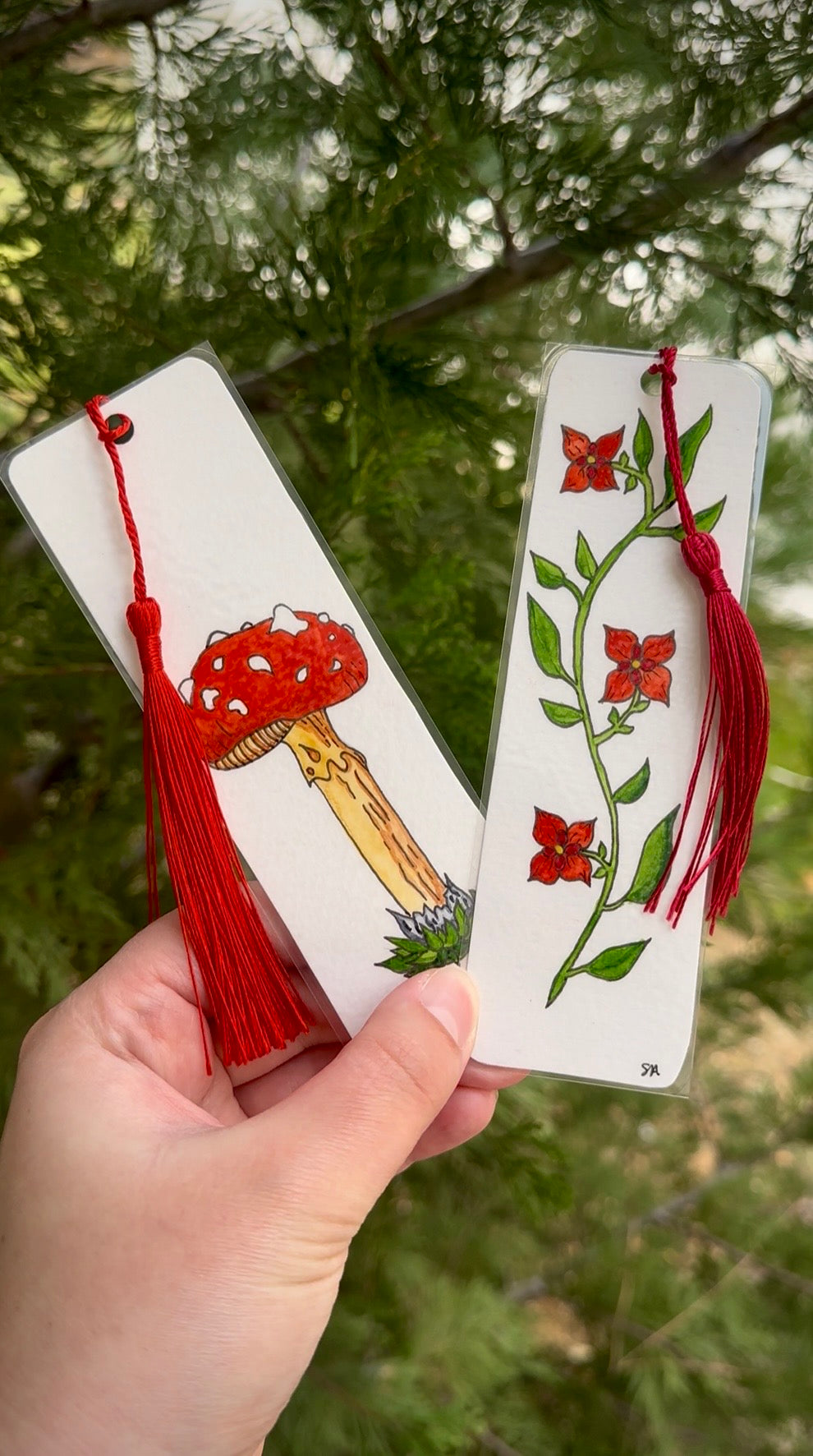 Hand-Painted Watercolor Mushroom & Red Flower Bookmarks – Custom Nature-Inspired Set