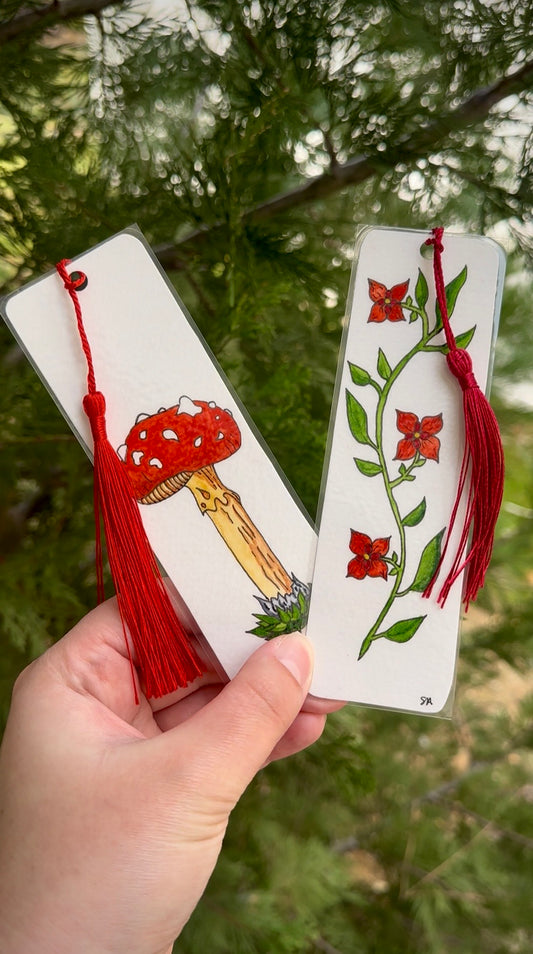 Hand-Painted Watercolor Mushroom & Red Flower Bookmarks – Custom Nature-Inspired Set