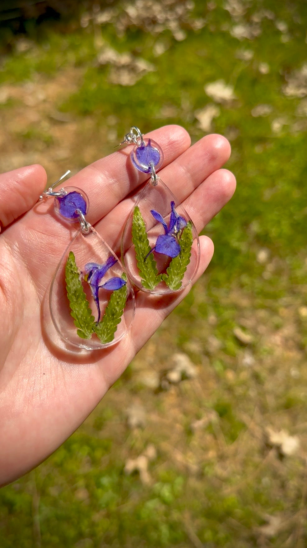 Purple Delphinium & Fern Resin Earrings, Lightweight Botanical Teardrop Dangles
