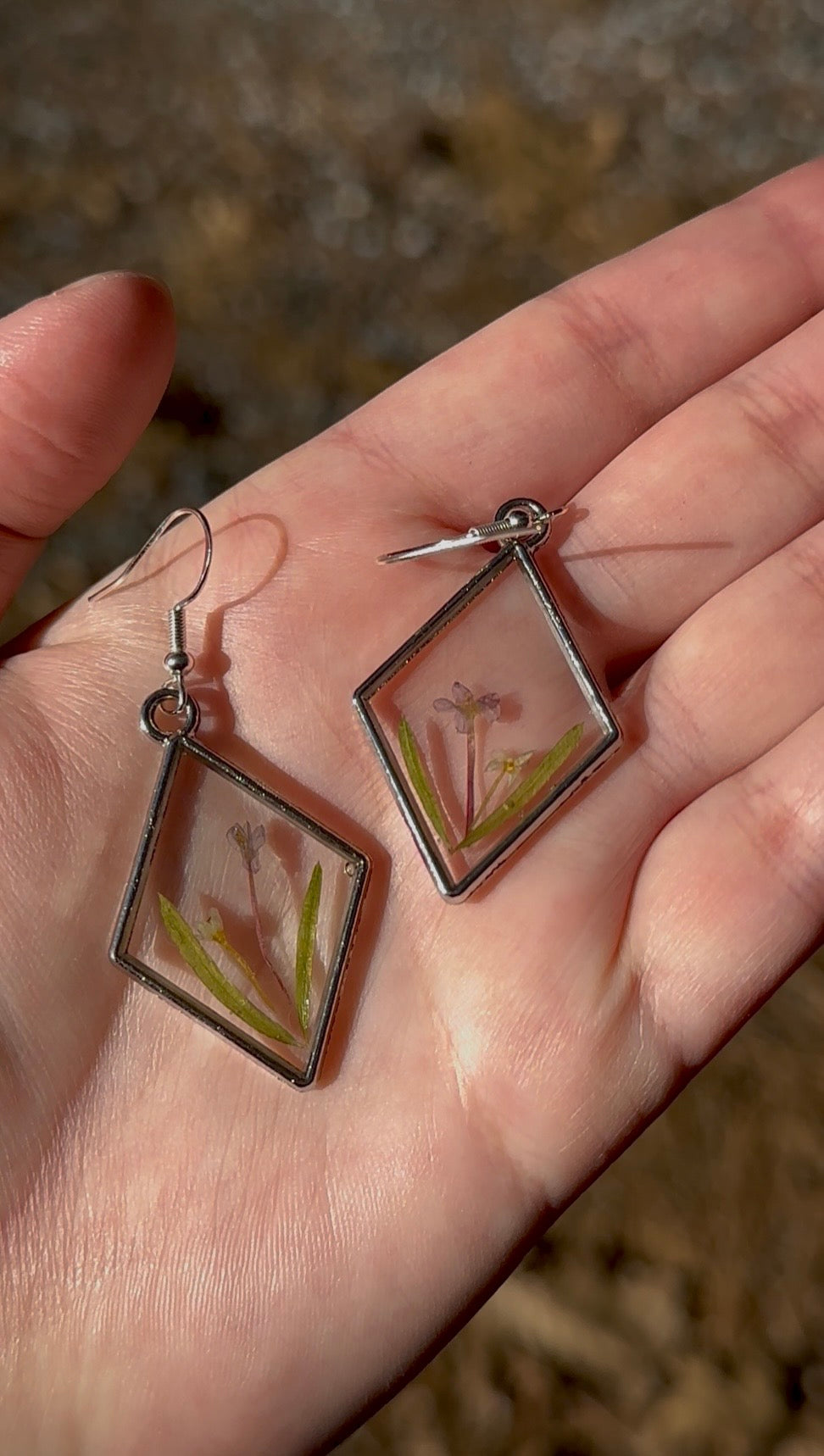 Pressed Flower Resin Earrings, Diamond Frame, Silver Botanical Dangles