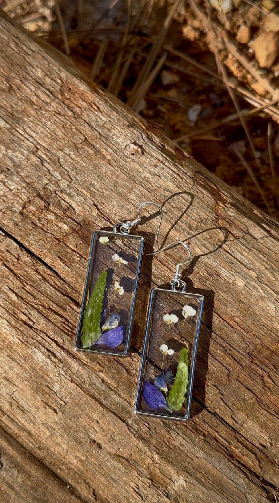 Pressed Wildflower Resin Earrings in Silver Rectangle Frame