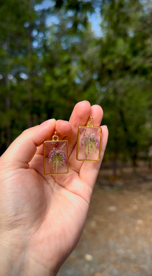 Pressed Wildflower Window Earrings | Gold Rectangle Resin Dangles